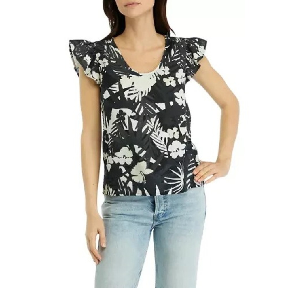NWT WONDERLY Women's Sz 2X Black White Cotton Gauze Floral‎ Flutter Sleeve Top